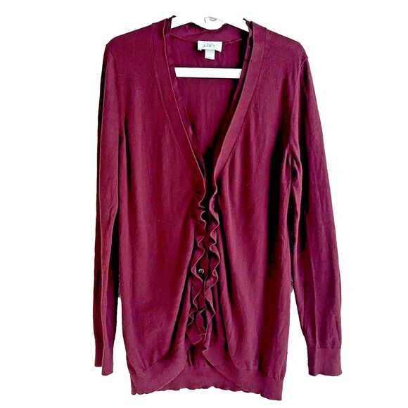 LOFT Cardigan  Sweater Women's L Burgundy Ruffled Button Down - Picture 3 of 10
